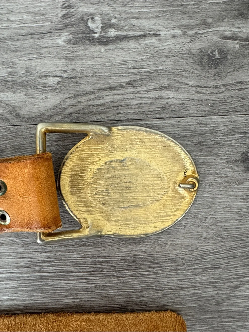 Vintage Handmade Tan Leather Belt with Gold & Red Sunburst Buckle